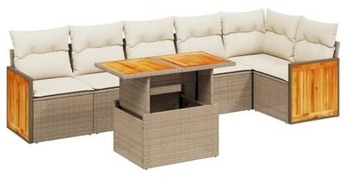 GeenYuu 7-TLG. Garten-Sofagarnitur mit Kissen aus Poly Rattan und Akazienholz, wetterfestes Lounge-Set für Balkon, Terrasse und Garten mit verstellbarem Tisch und pflegeleichten Polstern