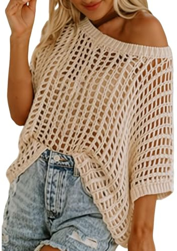 Strandöverdrag för dam hav topp dam kurviga axelskydd elegant strandöverdrag sommar virkad bikini överdrag kortärmad bikini överdrag lätt solskydd strand, Beige, 3XL