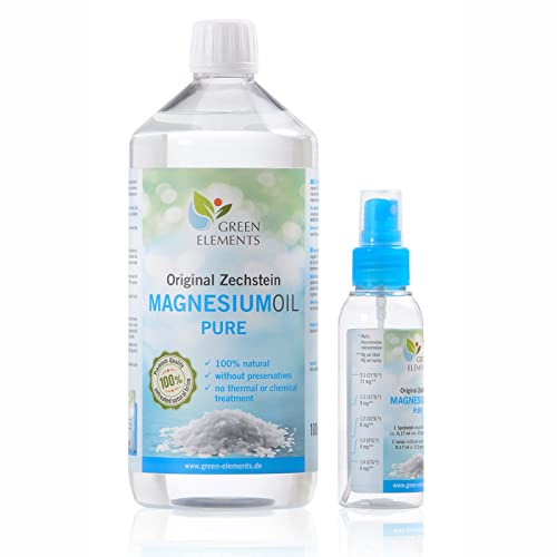 GREEN ELEMENTS Magnesiumöl Spray Magnesium Öl Zechstein DERMATEST SEHR GUT | 1000ml + 100ml Reise-Spray - Hochdosiert, aus reiner Zechstein-Sole - Für Hautpflege, Massage & Regeneration - Ohne Zusätze
