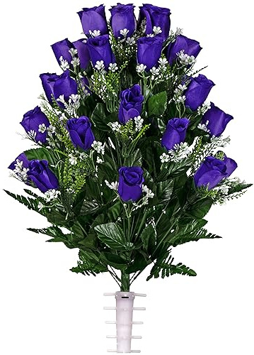Sympathy Silks Artificial Cemetery Flowers - Realistic - Outdoor Grave Decorations - 30 Stems Purple Roses
