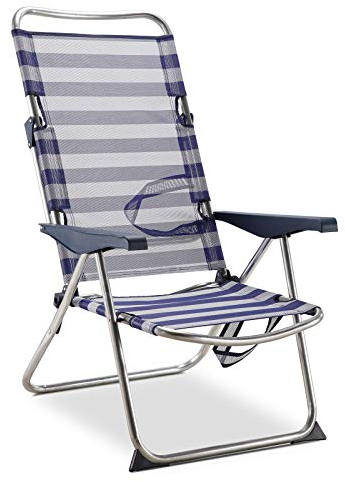 Solenny Chaise de Plage Lit Pliable 4 Positions Bleu et Blanc avec Accoudoirs 91x63x105 cm