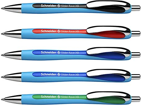 Schneider Slider Rave XB Kugelschreiber (Strichstärke: XB, dokumentenechte Mine, Made in Germany) 5 Stück, Schreibfarbe: 2x blau, schwarz, rot, grün