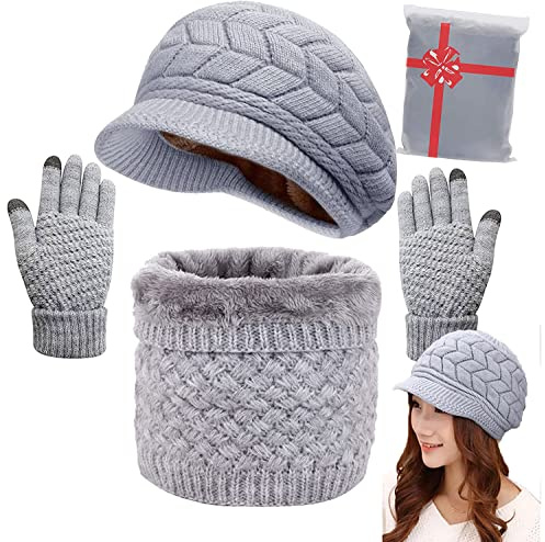 CheChury Inverno Hat Sciarpa Set Donna Guanti Touch Screen Berretto Guanti Sciarpa Donna Guanti Cappello Sciarpa Maglia con Sciarpa Berretti in Maglia，grigio，Taglia unica