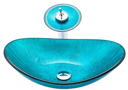 chicstyleme Waschbecken Blaues ovales Glasbecken mit Aufsatzbecken aus gehärtetem Glas mit Wasserfallhahn,Tischwaschbecken