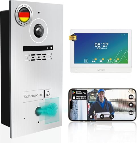 MATHFEL 2 Draht Bus Video Türsprechanlage Fingerprint mit Full HD Bildauflösunng, WLAN Schnittstelle, Fischaugenkamera 170 Grad, 1x10'' Monitor WLAN mit Gravur