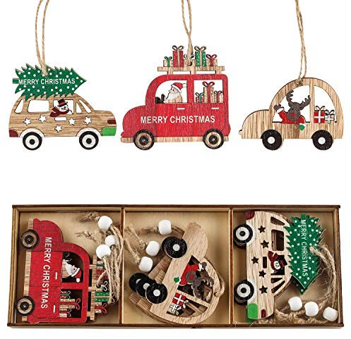 Colgantes de Madera para Navidad, Navideños de Madera, Adornos Madera Navideños de Arbol Navidad, Muchos Patrones Diferentes, con Cajas de Almacenamiento y eslingas, (MZ365 Modelo de Auto)