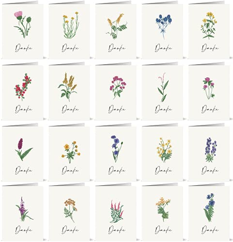 the lazy panda card company 20 Dankeskarten mit 20 verschiedenen Wildblumen auf der Vorderseite