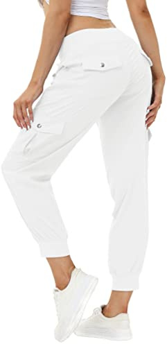 MoFiz Women's Cargo Pants Hiking Joggers Summer Lightweight Quick Dry Athletic Outdoor Sports Sweatpants Travel Casual Button Pockets Rice White L