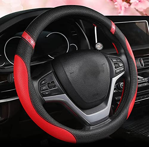 Lenkradabdeckung für Frauen, rutschfeste Auto-Lenkradabdeckung aus farbigem Leder, universelles 38-cm-Autoinnenzubehör (Black red)