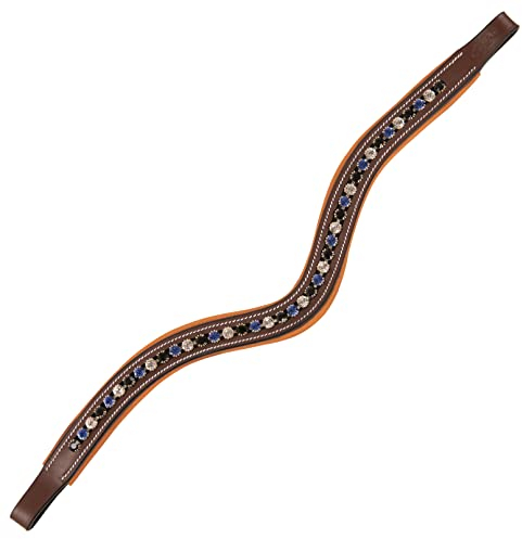 Exion Eleganter, gebogener, gepolsterter Stirnriemen in Blau, Schwarz & alternativ klarem Kristall|Bling Stirnbänder für Pferde|Diamant-Stirnband|Größe – Full, Cob, Over, Pony|Farbe-Braun, Schwarz