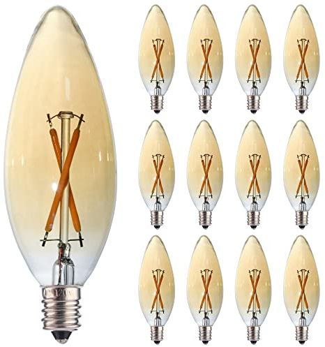 FANNIS 12 Pack C32 Candle Filament LED Bulb, 2W Equals 15-20W Soft Warm Light, E12 Candelabra Base Edison Bulb, Amber Glass Light Bulb for Pendant Chandelier Ceiling Fan