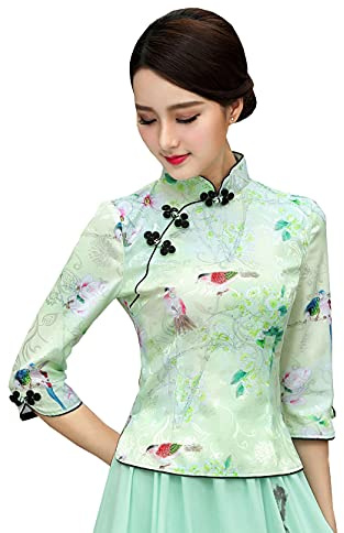 YLfly Damen Blumen Bräute Muster Qipao Tops Mandarin Kragen Chinesische Hemd Bluse Tang Anzug, grün, 42
