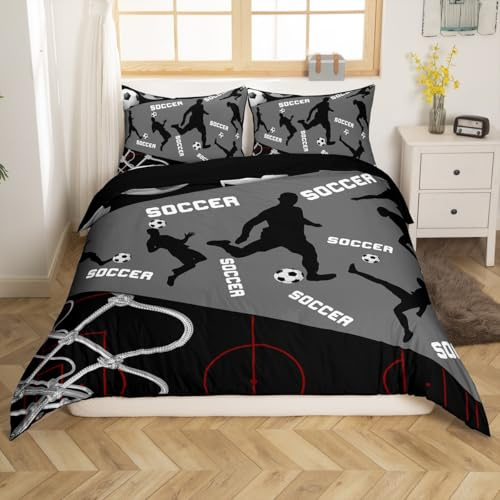 Erosebridal Soccer Duvet Cover for Boys Teens,Grey and Black Bedding Set Full Size,Soccer Player Comforter Cover,Sports Ball Game Court Net Bed Sets with 2 Pillowcases Home Room Decor