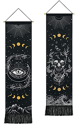Yugarlibi 2 Pack Schädel böse Auge Wandteppich Wandbehänge schwarz Mondphasen Wandteppich Steleton Hand Ozean Welle Wandteppiche Berg Wandkunst für Schlafzimmer Wohnzimmer Schlafsaal Home 130x32.5cm