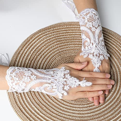Gants sans Doigts en Dentelle, Gants en Dentelle de Mariée Femmes Courts Gants de Mariage en Dentelle Manchettes de Mariée Gants de Poignet Gants en Dentelle Brodés pour Les Mariages Anniversaires