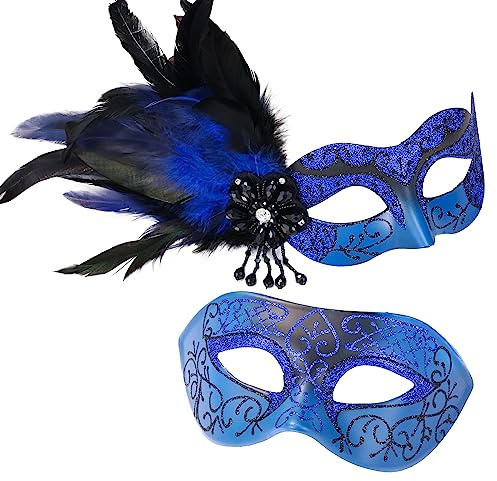 MYSEUNI 2024 Neue Maskerade Maske für Paare - Maskerade Maske Damen mit Federn & Venezianische Maske Herren für Karneval Party