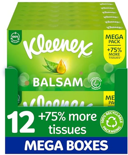 Kleenex® Balsam Tissues, Mega Pack - 1,344 Sheets (12 Boxes x 112 Sheets) - Balm Tissues Protect and Soothe Your Nose When You've Got a Cold - Balmcare® with Aloe Vera, Vitamin E and Calendula