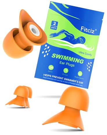 Fitciz Ohrstöpsel Schwimmen Erwachsene - mit Delikat Aufbewahrungsbox - 2 Paare Wiederverwendbare Weich Silikon Ohrenstöpsel Schwimmen - Swimming Earplugs (Orange für Damen)