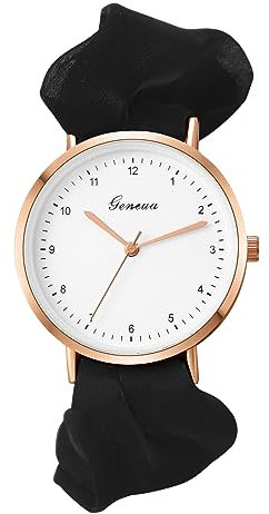 JewelryWe Uhren Damen Elastisch Haarband - Einzigartige Einfache Analog Quarz Armbanduhr Frauen Mädchen Uhr mit Schwarz Haargummi Elastisch Armband
