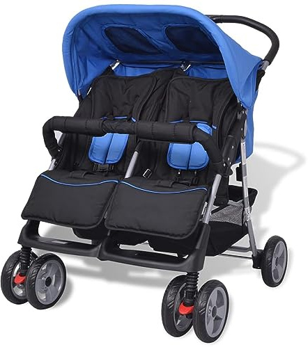 JUNZAI Baby Zwillingswagen, Geschwisterkinderwagen, Kinderwagen, Zwillingskinderwagen, Geschwisterwagen, Zwillingsbuggy, Stahl Blau und Schwarz