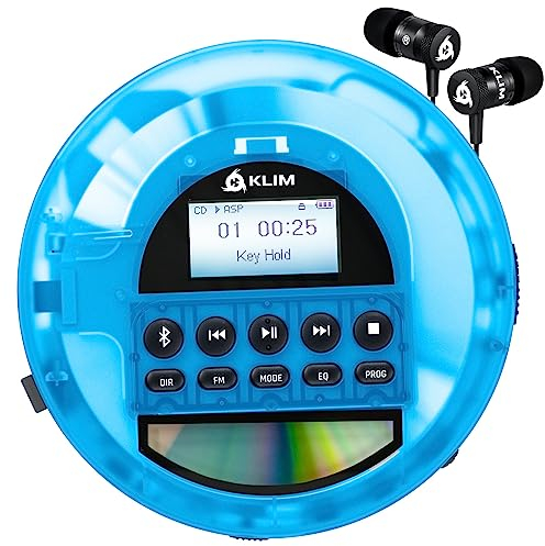 KLIM Nomad Transparent Blau Tragbarer CD-Player Discman + langlebigem Akku + Inklusive KLIM Fusion Kopfhörer + Radio FM, Bluetooth (Generalüberholt)