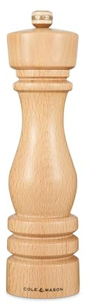 Cole & Mason London Natürliches Holz Pfeffermühle 22 cm Precision+ Mahlwerk | Karbonstahl-Mahlwerk mit verstellbarem Mahlgrad, natürliches Buchenholz, Gewürzmühle, Lebenslange Mechanik-Garantie