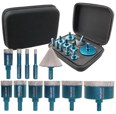 MINLAYCUT Punte Diamantate Fresa 6/8/10/20/25/28/32/35/45/65mm Trapano Diamantate 11 Pezzi con Alluminio Scatola e 50mm Fresa e Adattatore per Porcellana Piastrella Granito Marmo Taglio a Secco