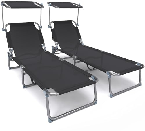 VOUNOT 2er Set Sonnenliege Klappbar, Gartenliege Strandliege mit Sonnenschutz und Verstellbarer Rückenlehne, Liegestuhl für Garten, Pool, Terrasse, Schwarz