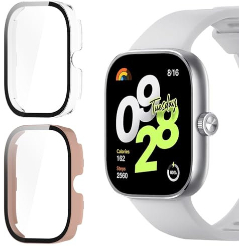KUSINHOKA [2 Pack Funda para Xiaomi Redmi Watch 4, Carcasa Anti-Choque con Protector de Pantalla Cristal Templado, HD [Anti-Arañazos] Protección Completa Duro PC Protectora Funda, Rosa + Transparente