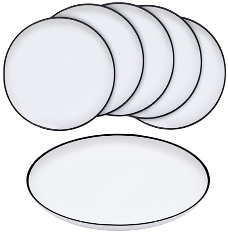 Spetebo Lot de 6 assiettes en mélamine blanches avec bord noir – 25 cm/grande – Assiettes plates en plastique pour camping et pique-nique
