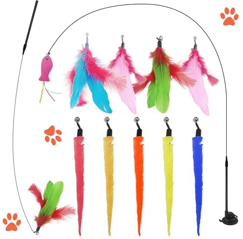Dunkwckore 13 Stück Katzenspielzeug Selbstbeschäftigung, Interaktives Katzenspielzeug Angel mit Saugnäpfen, Katzenangel, Katzen Spielzeug, Cat Toys Intelligenz Spielzeug Mit Federn