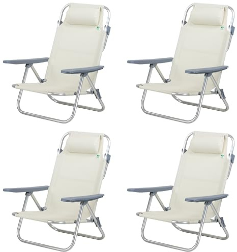 Totò Piccinni Spiaggina AVANA sedia sdraio pieghevole in Alluminio e Textilene con cuscino e braccioli e schienale alto reclinabile 6 posizioni (Beige 4 Pz)