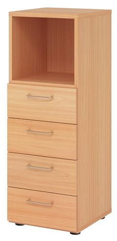 bümö smart Schubladenschrank, Büroschrank in Buche mit 4 Schüben & 1 Regalfach - Bürocontainer aus Holz, Container mit Metallgriffen & Soft-Stop Schubladen