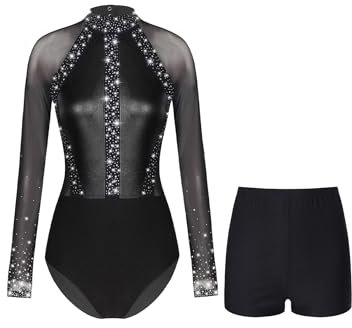 JEATHA Damen Metallic Langarm Ballett Tanz Trikot Leotard mit Gymnastik leggings Set Glänzende Ballettanzug Turnanzug Eiskunstlauf Anzug Schwarz M