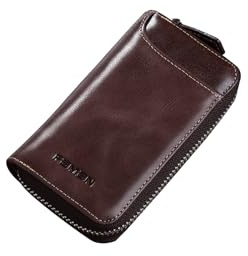 PORRASSO Genuine Leather Key Case Car Key Bag Key Pouch Portable Card Holder Keychain Wallet with 6 Hook for Men Coffee A