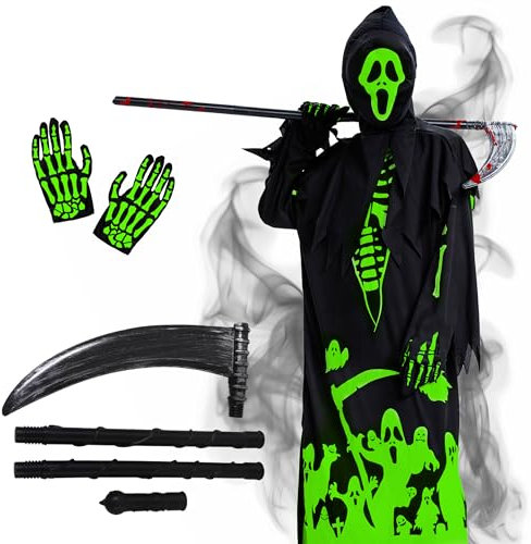 FORMIZON Costume de Faucheuse pour Enfants, Costume Squelette Fluorescent, Glow in the Dark Déguisement Faucheuse avec Masque, Faucille et Mitaine pour Fête Cosplay (Fantôme, XL)
