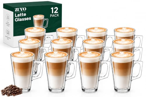 Zuvo Latte Glasses Set of 12, 240ml Coffee Glasses with Handle, Cappuccino | Heat-resistant glass, cool-touch handle, for hot chocolate, tea, espresso and iced coffee, dishwasher safe