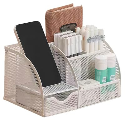 Organizador de escritorio, organizador de oficina de metal de malla con cajón y portalápices para bolígrafos, grapadora, organizador de lápices que ahorra espacio para mantener tu espacio de trabajo