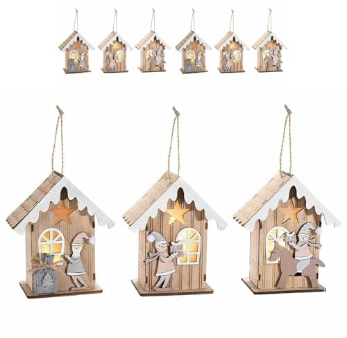 Gruppo Maruccia - Decorazioni Natalizie da Appendere - Casette in Legno con Babbo Natale - Set 6 Addobbi