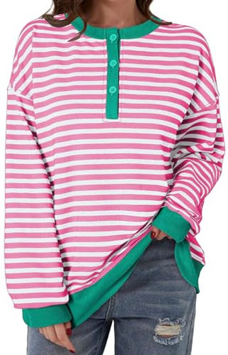 Weihnachtliches Damen-Sweatshirt, entspannte Passform, lässiger gestreifter Pullover, Tops, langärmelig, Rundhalsausschnitt, übergroße Sweatshirts 2024, Herbstkleidung, Damen-Sweatshirts, rose, M