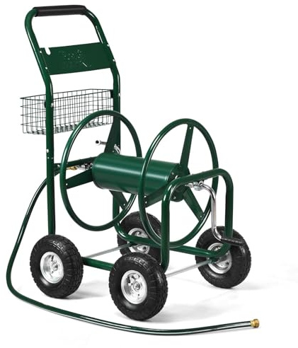 RELAX4LIFE 80 m Schlauchwagen Metall, Schlauchtrommelwagen, Gartenschlauchwagen mit Korb & 4 Rädern & 189 cm Anschlusschlauch, fahrbarer Schlauchaufroller Wagen, Grün, 95 x 62 x 113 cm
