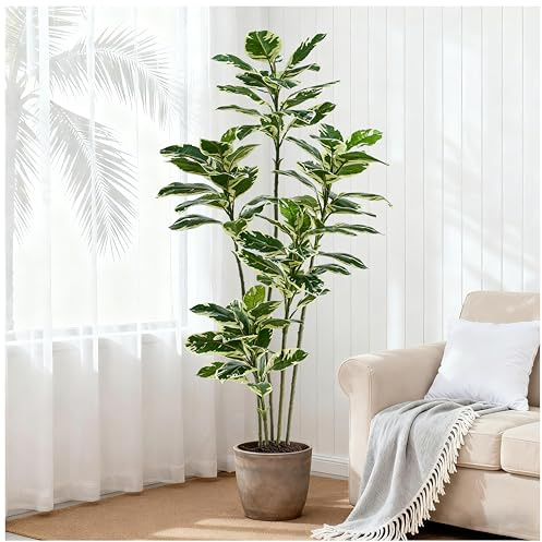 FSOHOI Artificial Rubber Plant 6FT Faux Plants Indoor Fake Rubber Tree with White Planter, Tall Fake Plants Potted Tree Floor Plant in Pot, Artificial Trees for Home Office Room Outdoor Decor