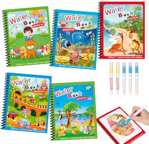 Damcyer 5 Piezas Libro de Dibujo de Agua Mágica Reutilizable, Magic Water Drawing Book, Libro Magico Pintar con Agua con 5 Magico Pluma para Niños Niñas 3 4 5 6 Años, Tema Animal
