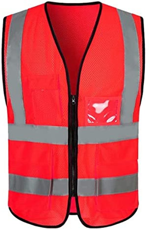 ZGYOZMNG Warnschutzjacken, Sicherheitswesten, gut sichtbares, atmungsaktives Netzgewebe, Arbeitskleidung, Reflektorwesten mit Taschen und Reißverschluss, Reflektorwesten (Rosso 3XL)