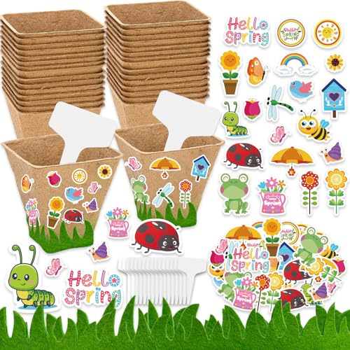 Ertyjikg Garden Paper Pot Craft Kit, Flower Plant Spring Crafts Includ 30 Pack Square Paper Peat Pots with Adhesive Foam Stickers and Plastic Plant Labels for Kids DIY,Science, Classroom Decoration