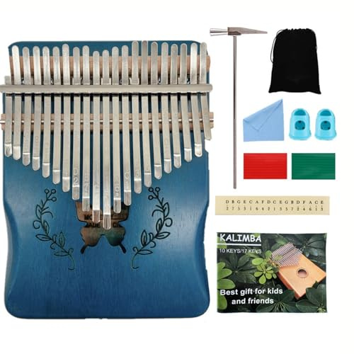 SXTYYH Kalimba 21 Tasten Daumenklavier, Tragbar Thumb Piano Mahagoni Instrument Mit Stimmungshammer, Notenblatt Aufkleber Tragbare Tasche(21-tone-blue color)