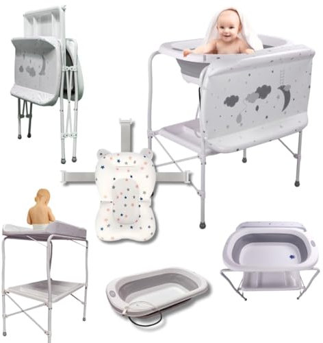 BATHBY | Bañera bebé con patas Multifuncional 6 en 1: Plegable con Soporte, con Cojín Reductor, Cambiador, Bandeja y Cesta Organizadoras, Desagüe con Tubo y Soporte para Ducha (Gris Pro)