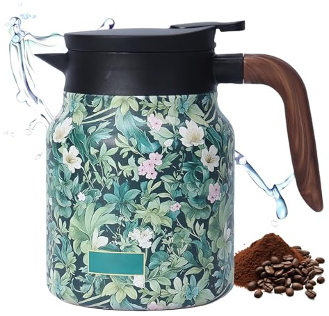 Théière vintage à motif floral - 1000 ml - Thermos - Avec infuseur à thé - Avec motif floral vintage - Pour la maison, appartement (vert)