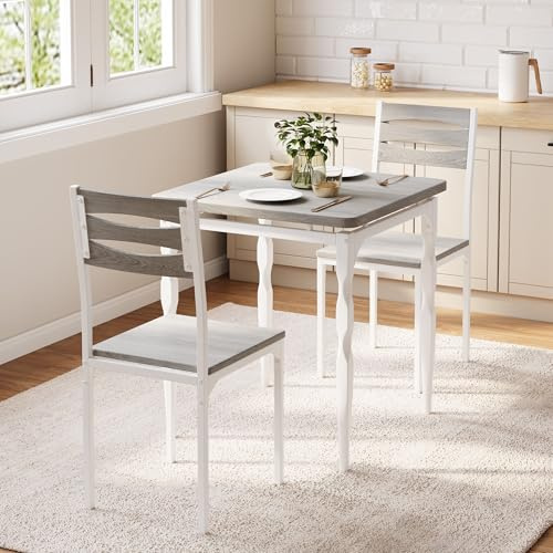 GarveeHome Dining Table Set for 2, Dining Table and Chairs Set of 2, 3 Piece Dining Table Set with Spiral Table Legs for Small Spaces Kitchen Apartment, Wash Grey