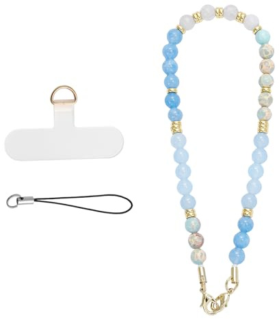 Handykette Perlen Handschlaufe Handgelenk Handy Anhänger Blau Weiß | 30,5 cm Perlenkette mit Patch, kompatibel mit Hartschalen-Handyhüllen, als Handy Charm oder Schlüsselband